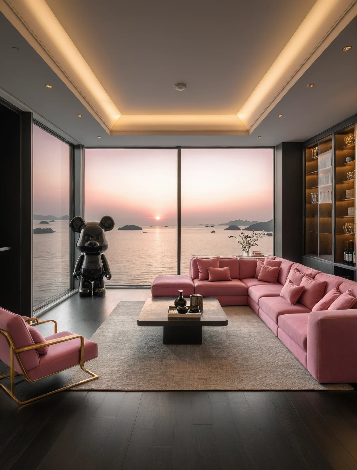 Raw photo,Masterpiece, high quality, best quality, authentic, super detail, interior, livingroom style modern, sunset, evening light, sofa, tea table, carpet, flower vase on tea table, wine bottle, tray, armchair, wine cabinet, books, glass cabinet doors, downlight, windows overlooking the evening ha long bay, (((black and pink tones))), black wooden floor, ((bearbrick pink)), (gold brace) 