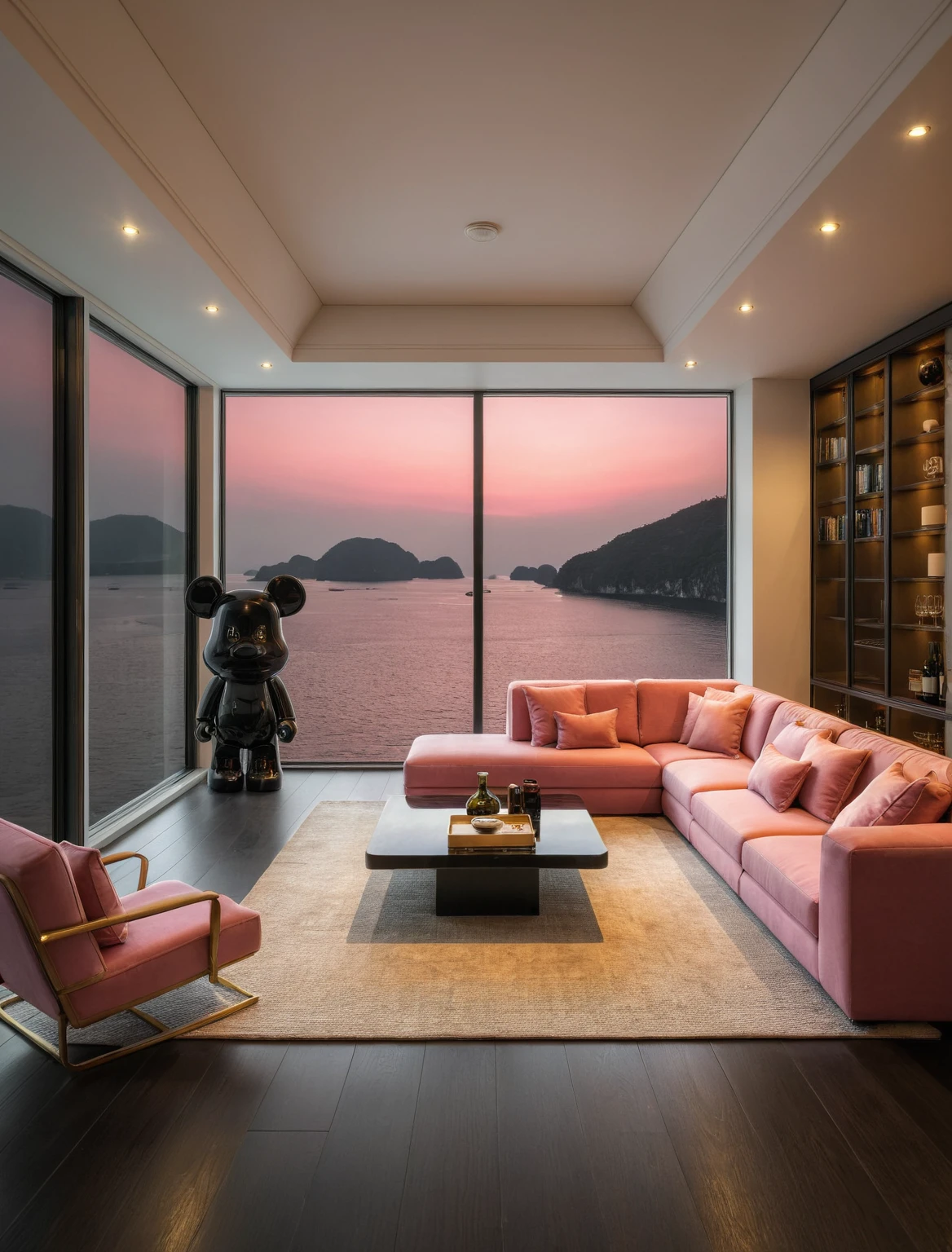 Raw photo,Masterpiece, high quality, best quality, authentic, super detail, interior, livingroom style modern, sunset, evening light, sofa, tea table, carpet, flower vase on tea table, wine bottle, tray, armchair, wine cabinet, books, glass cabinet doors, downlight, windows overlooking the evening ha long bay, (((black and pink tones))), black wooden floor, ((bearbrick pink)), (gold brace)