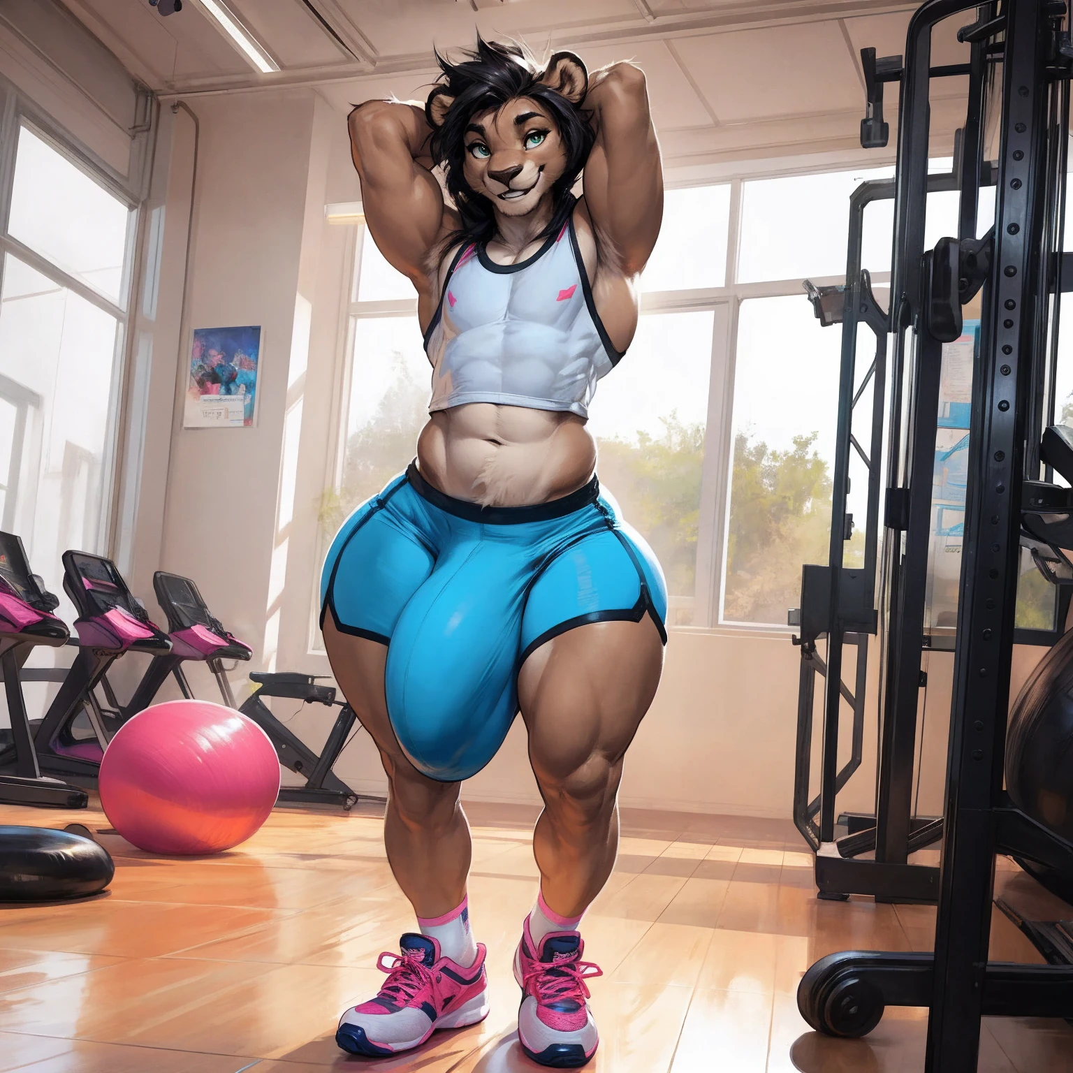 (by darkgem, by boosterpang), solo focus, 1boy, male, lion boy, cute, girly, femboy, short boy, looking at viewer, smiling, happy, large muscular body, (hyper hips:1.3), (huge bulge), bulgeJ8, long hair, detailed eyes, lust, masterpiece, best quality, lycra shorts, white tank top, sneakers, standing upright, photorealistic, hyperrealistic, ultradetailed, detailed background, photo background, digital drawing (artwork), girly, bedroom eyes, (aerobics class), indoors, looking at viewer, stretching, hands behind head, (tail),