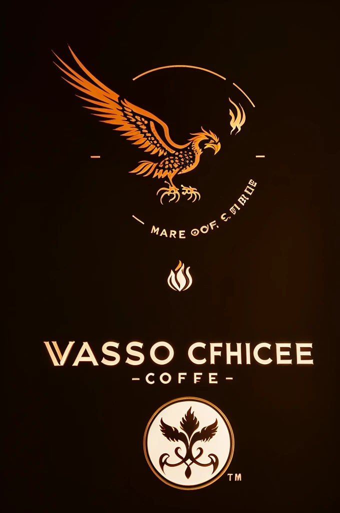 Make a logo for my new cafe, namely Vasilio Coffee. The logo elements are in the shape of coffee beans and the Phoenix bird and have sharp and dark colors like coffee.. I will stick the logo on the glass and please put the name Vasilio Coffee above or below the logo, remember the logo is a combination of coffee beans and the Phoenix bird. The only display is the logo and the words Vasilio Coffee, not the coffee image