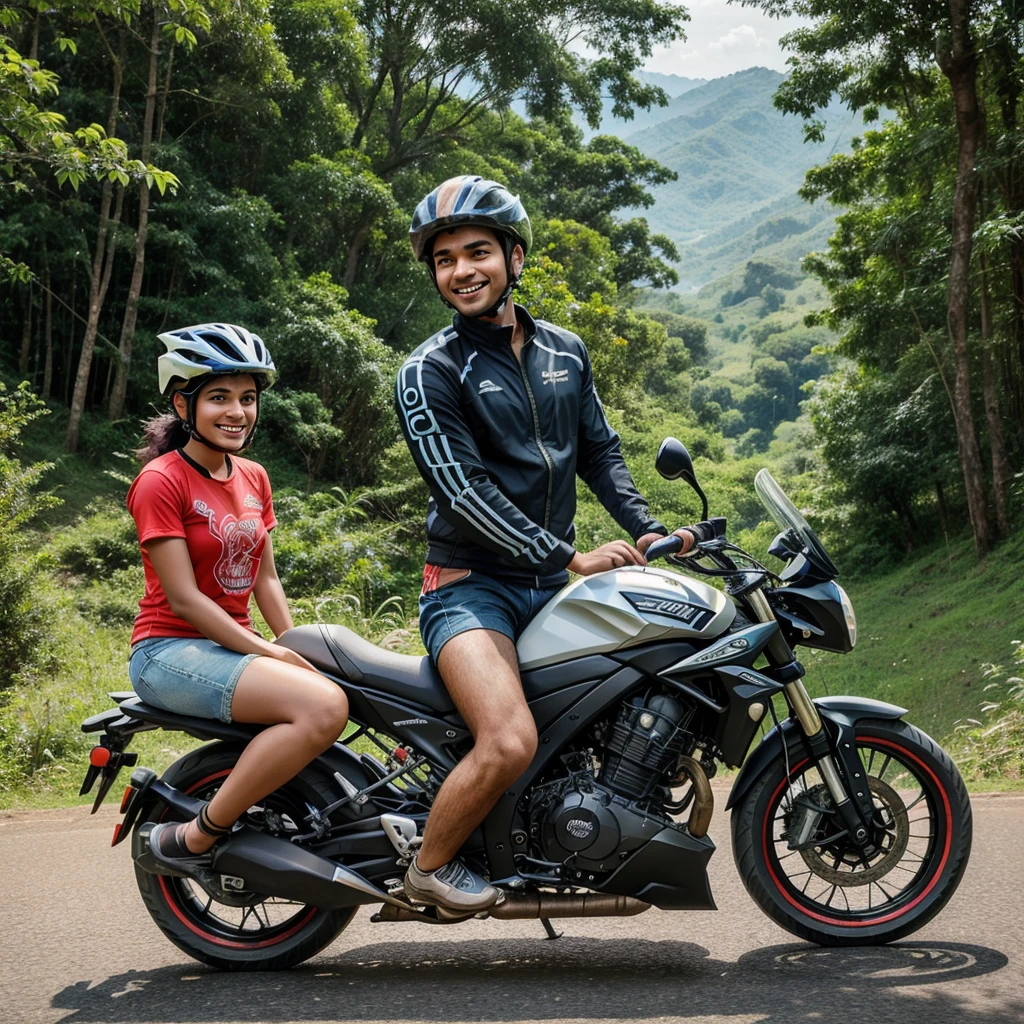 Generate an image of two Indian friends, one male and one female, on a TVS Apache 180 cc 2020 model bike on a bike trip in Parasnath Hills. The male, around 22 years old, is riding the bike, wearing casual clothes and a helmet. The female, around 20 years old, is sitting on the back seat, also in casual clothes and a helmet, with a joyful expression. The background features lush greenery, rocky paths, and the scenic views of Parasnath Hills.