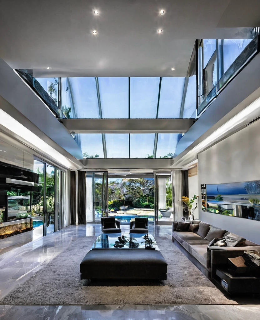 Indoor House, Billionaire's House, Steps, table and sofa, indoor-lighting,