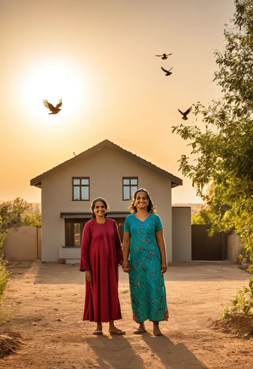 A photo shows Omar and Laila standing in front of their new home, as the sun shines on the horizon, as if heralding a bright future.
The windows of the house are wide open, as if welcoming them and inviting them in.
At the top of the image, a bird is seen flying in the sky, as a symbol of freedom and hope..