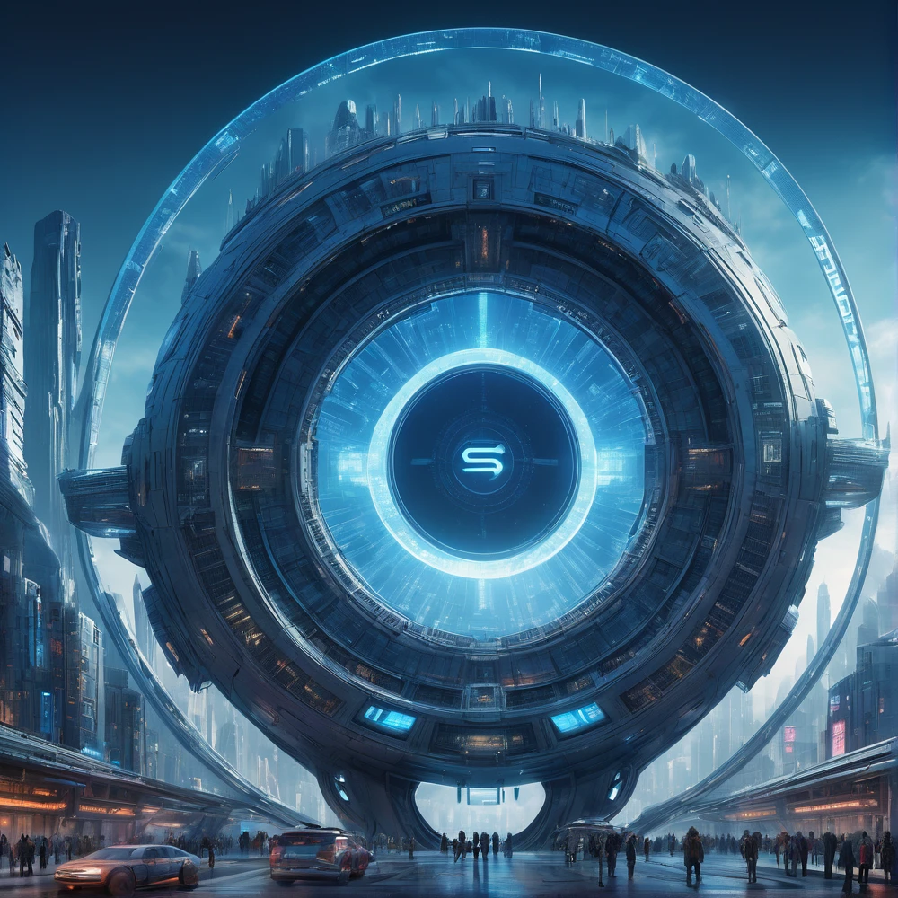 y4nn, Futuristic city with huge circular structure in the center of the central circle is blue light, sf, Detailed Matte Painting, Space Art, Super detailed, Shine from the inside, masterpiece, Highest quality,Cityscape,Biopunk , Wear a cyberpunk mask,4K, super high quality