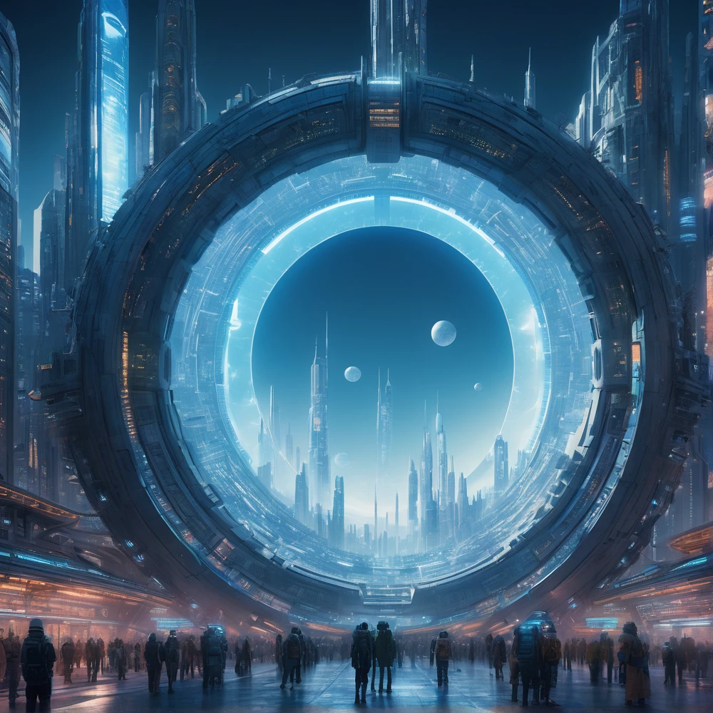 y4nn, Futuristic city with huge circular structure in the center of the central circle is blue light, sf, Detailed Matte Painting, Space Art, Super detailed, Shine from the inside, masterpiece, Highest quality,Cityscape,Biopunk , Wear a cyberpunk mask,4K, super high quality