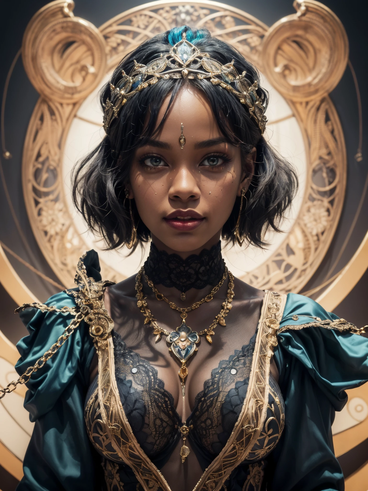 1girl, tight lace patterned bodysuit, leach necklace, leash chain, detailed face, (evil smirk expression:1.4), glowing pupils, legendary ancient african queen, great queen, legendary charisma, ear piercings, (vibrant color scheme:1.2), glossy lips, art nouveau, black pixie hair, olive skin, warm skin undertone, super details, glamorous style, best illustration, highest quality, cinematic lighting, (yo, cute:1.2), (breasts:1.2),