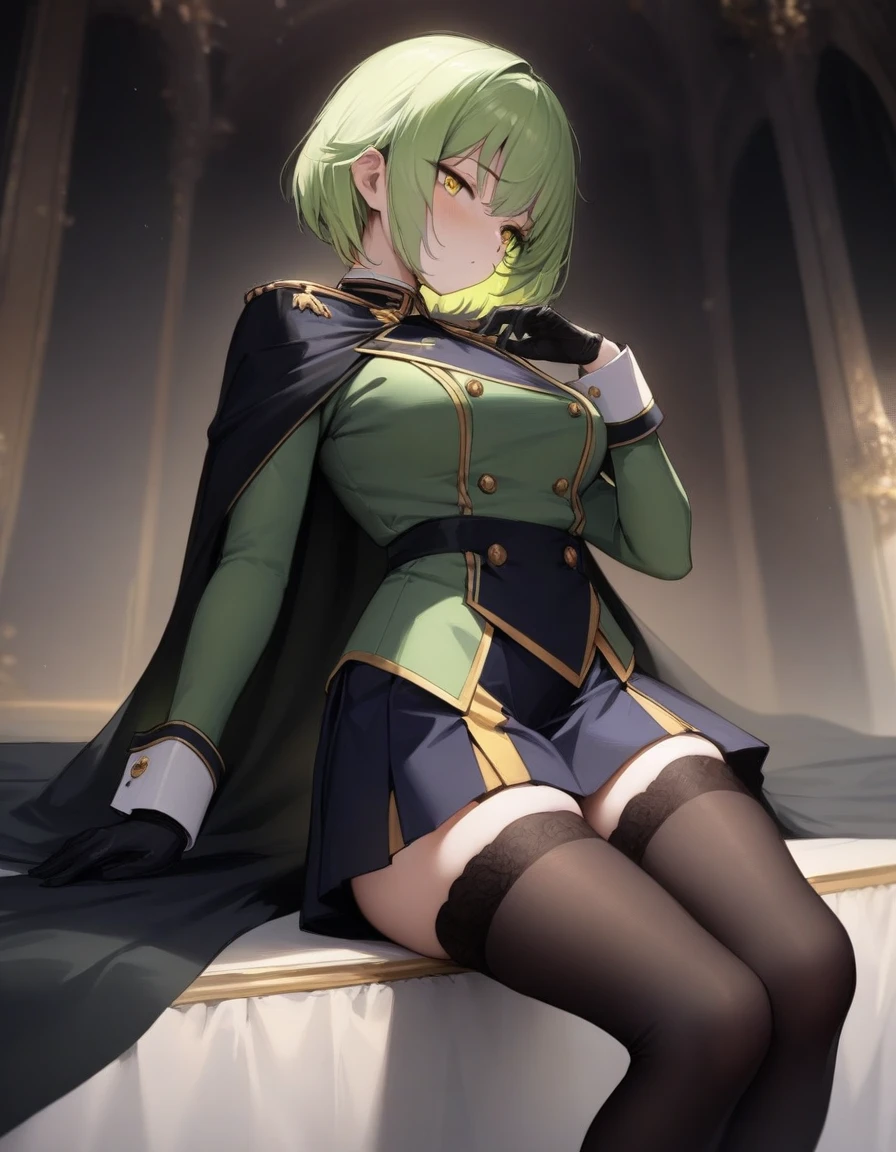 ((Best Quality)), ((Masterpiece)), (detailed),girl , short hair , elegant uniform , thigh high stockings , good body , light green fur , black gloves , green and yellow eyes , Long black cape , high , alone