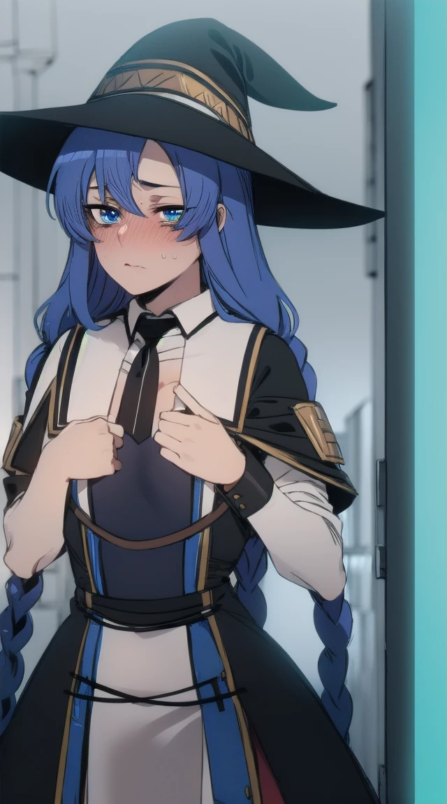 1girl,
BREAK ((twin braids, long hair, blue hair, blue eyes
white dress, neck ribbon, black ribbon, black skirt, witch hat, black hat:1))
BREAK ((flat chest,idol dress,flustered,blushing,red:1.5))
BREAK indoors,
BREAK looking at viewer,
BREAK (masterpiece:1.2), best quality, high resolution, unity 8k wallpaper, (illustration:0.8), (beautiful detailed eyes:1.6), extremely detailed face, perfect lighting, extremely detailed CG, (perfect hands, perfect anatomy),