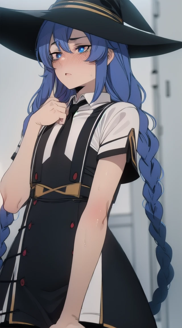 1girl,
BREAK ((twin braids, long hair, blue hair, blue eyes
white dress, neck ribbon, black ribbon, black skirt, witch hat, black hat:1))
BREAK ((flat chest,idol dress,flustered,blushing,red:1.5))
BREAK indoors,
BREAK looking at viewer, 
BREAK (masterpiece:1.2), best quality, high resolution, unity 8k wallpaper, (illustration:0.8), (beautiful detailed eyes:1.6), extremely detailed face, perfect lighting, extremely detailed CG, (perfect hands, perfect anatomy),