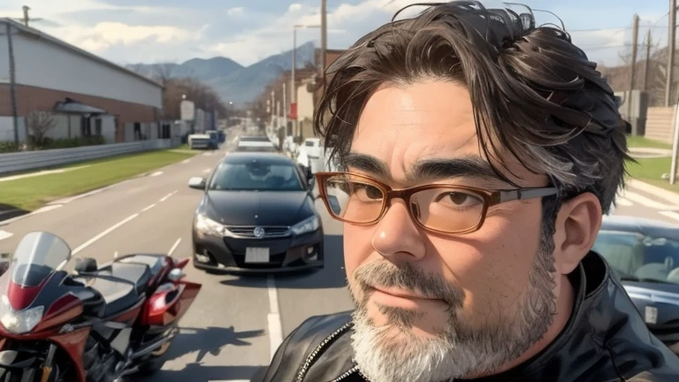 (motorcycle), Glasses, beard, in beautiful nature、古典的なmotorcycleに乗る男性の画像。彼の服装やmotorcycleはレトロなデザインで統一され、Creates a vintage atmosphere。