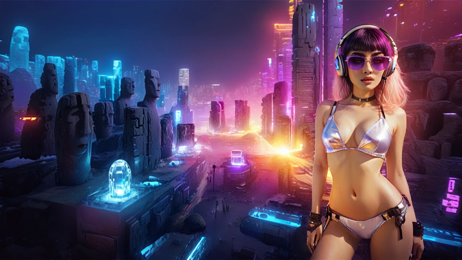 masterpiece, best quality, high resolution, 8k, (Portrait Photos:1.5), (R Original Photo), real picture, Digital Photography, (A fusion of cyberpunk and fantasy), 20 year old girl, solo, (((black sunglasses, headphone))), Feel free to hairstyle, Purple Eyes, By Bangs, (large breasts, cleavage, Accessories, Elegant and charming, Combination of cyberpunk and fantasy style clothing, Hollow carving design, Photo poses, Realistic style, (((((((pistol shooting pose))))))), oc render reflection texture, sentry, (((((aerial view of Cyberpunk style future city, giant ice (Easter Island Moai) sculpture))))), night, Bustling streets, (((((half-body (thigh level) medium shot))))).