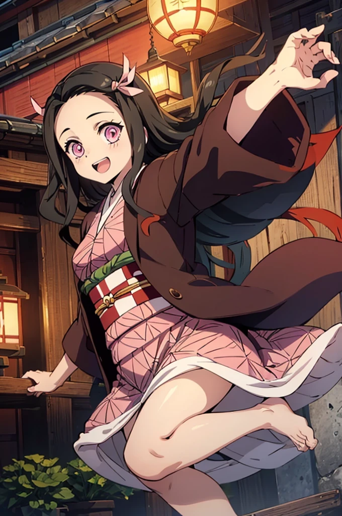 (masterpiece:1.3), (best quality:1.1), (8k, ultra detailed, ultra high res:1.2), ((anime style)), detail perfect 5 fingers, perfect anatomy,
1girl,
Kamado Nezuko,
BREAK long hair, wavy hair, forehead
black hair,
pink eyes,
ribbon,
small breasts,
BREAK japanese clothes, pink kimono, brown haori, obi,
smile, (dynamic pose:1.2), (jumping:1.2),
looking at viewer,
cowboy shot,
BREAK age of Edo, (yuukaku:1.2), nighttime, red-light district with traditional Japanese architecture, glowing lanterns,