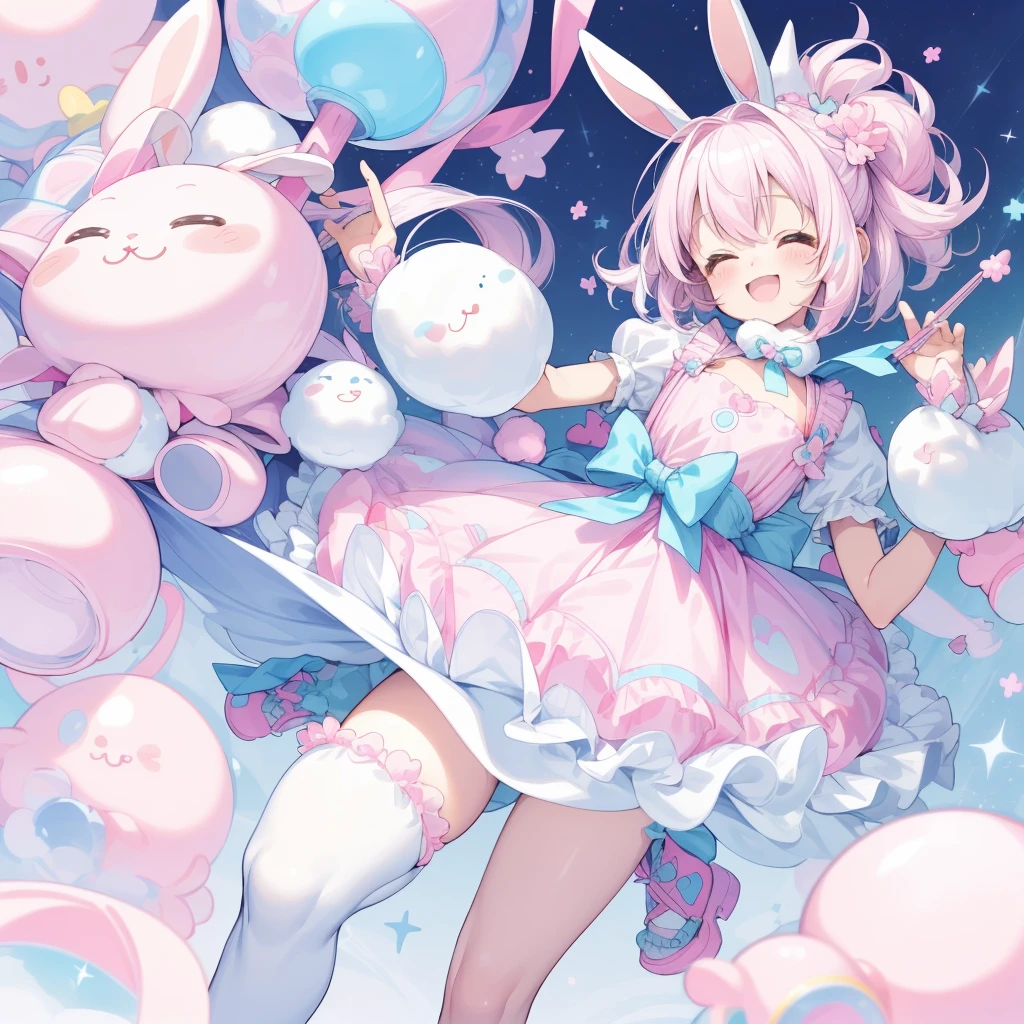 First Job, Better Quality, 1. smile、 Pink and white hair, Milky hair, Little , Little, Laughter (Solo Girl),kawaii tech,Large stuffed rabbit、