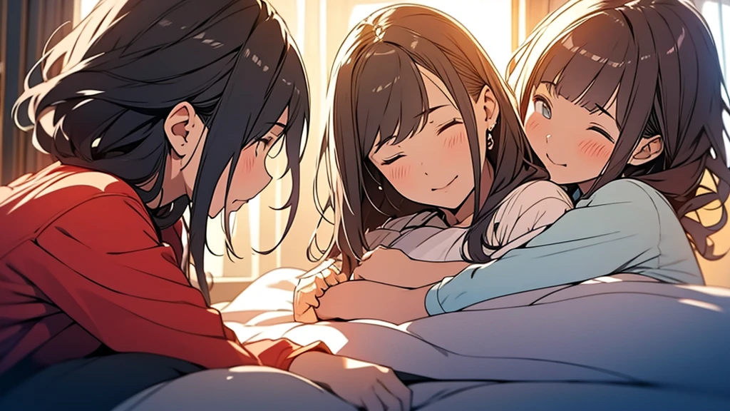 realisticlying、3 girls、selfee、Face Sitting on Oversized Zoom Bed、Face enhancement、Smile、Looking Up、View here、
