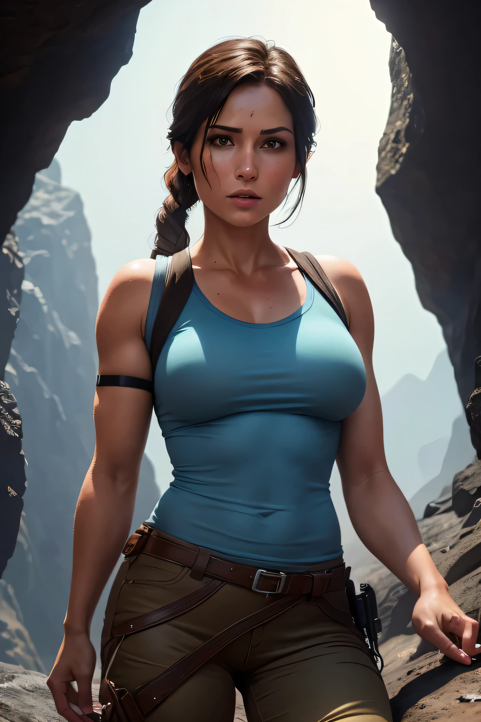 Picture of Lara Croft in a light blue shirt and short brown pants climbing a mountain in an underground cave. The scene is lit by the moon reflecting into the water. DLSR, sharp focus, soft lighting, masterpiece, perfect face, ultra detailed face, perfect brown eyes, beautiful face, photorealistic, 8k, masterpiece