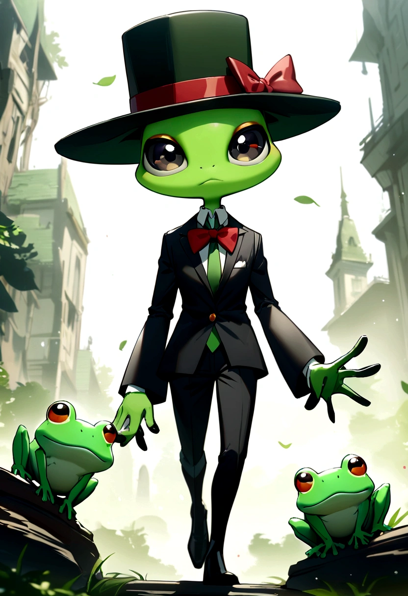 Tall, cute, bipedal green and white frog with black eyes, black cowboy hat, green hat tie, red bow tie.