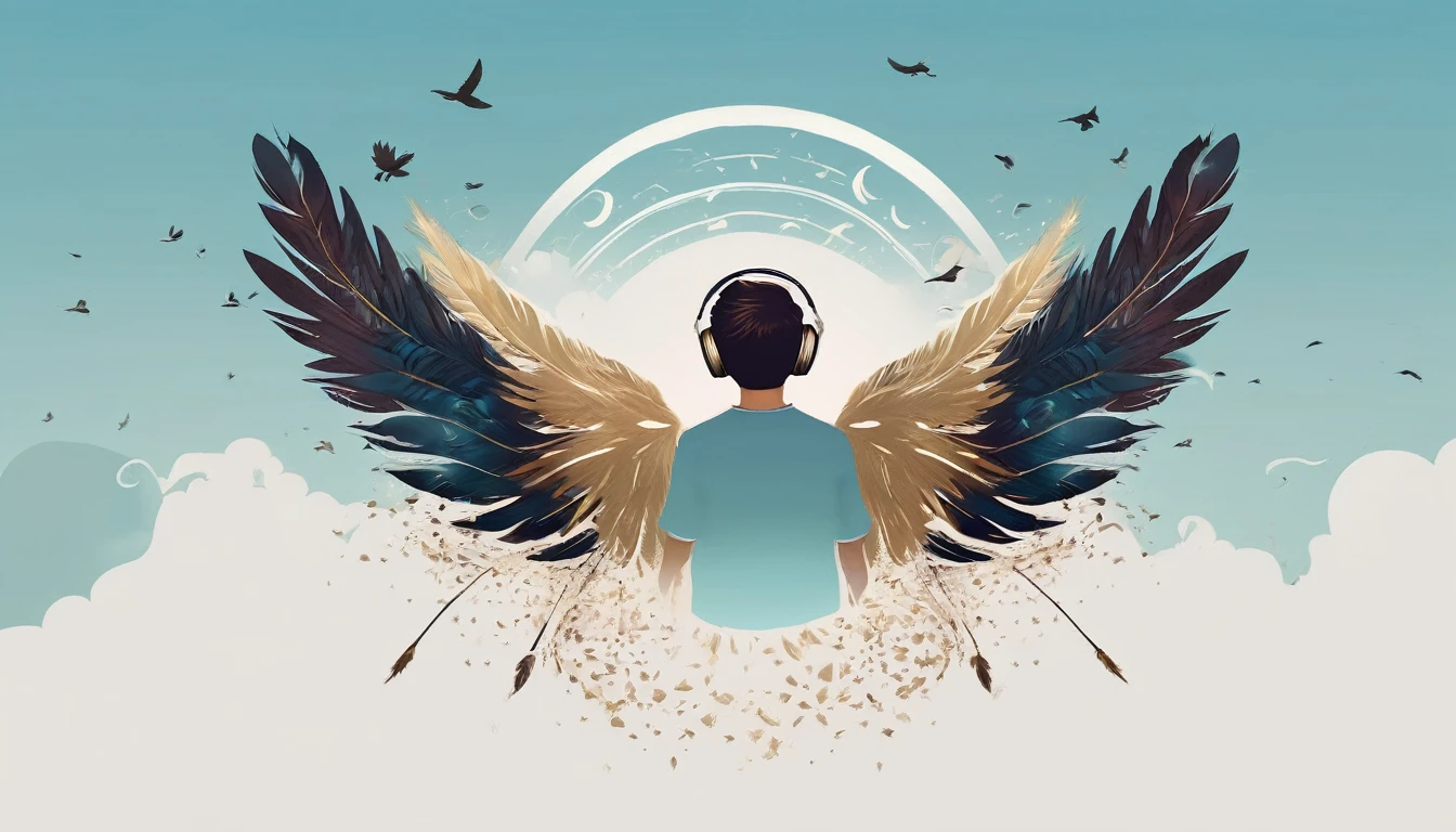 Create a professional, fantastic, cinematic dream-like Youtube Banner for a brand about music, stories, fantasy and dreams called " Penamemoria". Masterpiece, 4k, sharp focus, highest quality,wide shot. The title is " Penamemoria". Is a brand about the creative, unique journey of a boy into becoming a musician storyteller. In his journey he finds inspiration in a world of birds and feathers. Minimalistic, simple, poetic, dreamy logotype at the center of the image. The Background image is a world full of fantastic feathers, unique birds, light blue sky, soft white and light golden. Logo design of a face of a boy and a face of a feather.