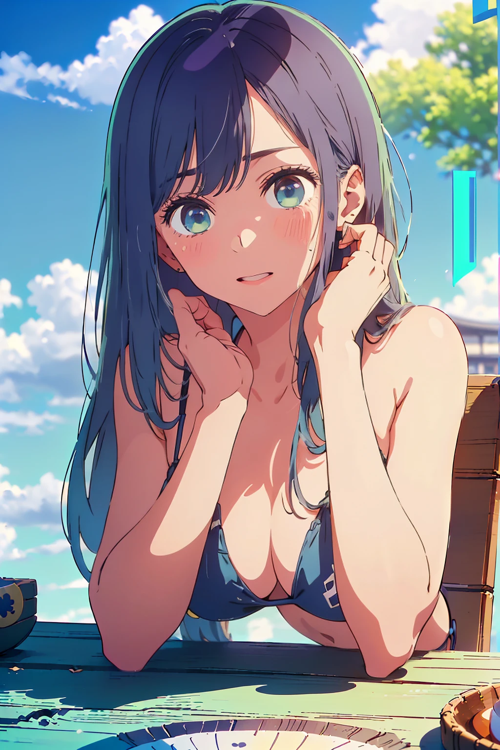 (Highest quality:1.4、masterpiece:1.4、Super detailed:1.4、8K:1.4)、F cup bust、Big Breasts、Slim body、((((1 person、Surprised expression、sit、Chair、In the background are the urban buildings of Tokyo、looking at the camera、Outdoor café terrace、coastal、Navy hair color、juice、table、Shooting up close、Very cute face))))、(Pose of putting hair behind ears with hands:1.4、Cheek resting on hand:1.4)、((nude、Areola、bikini))、Very blue sky、A completely cloudless sky、Big eyes、((((Shallow depth of field、sunny place))))、Pink Lips
