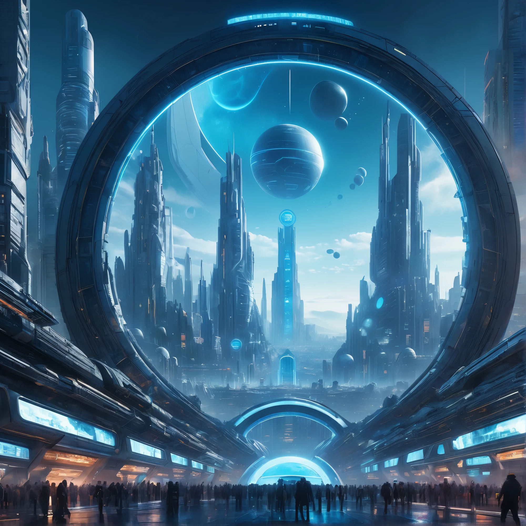 y4nn, Futuristic city with huge circular structure in the center of the central circle is blue light, sf, Detailed Matte Painting, Space Art, Super detailed, Shine from the inside, masterpiece, Highest quality,Cityscape,Biopunk , Wear a cyberpunk mask,4K, super high quality