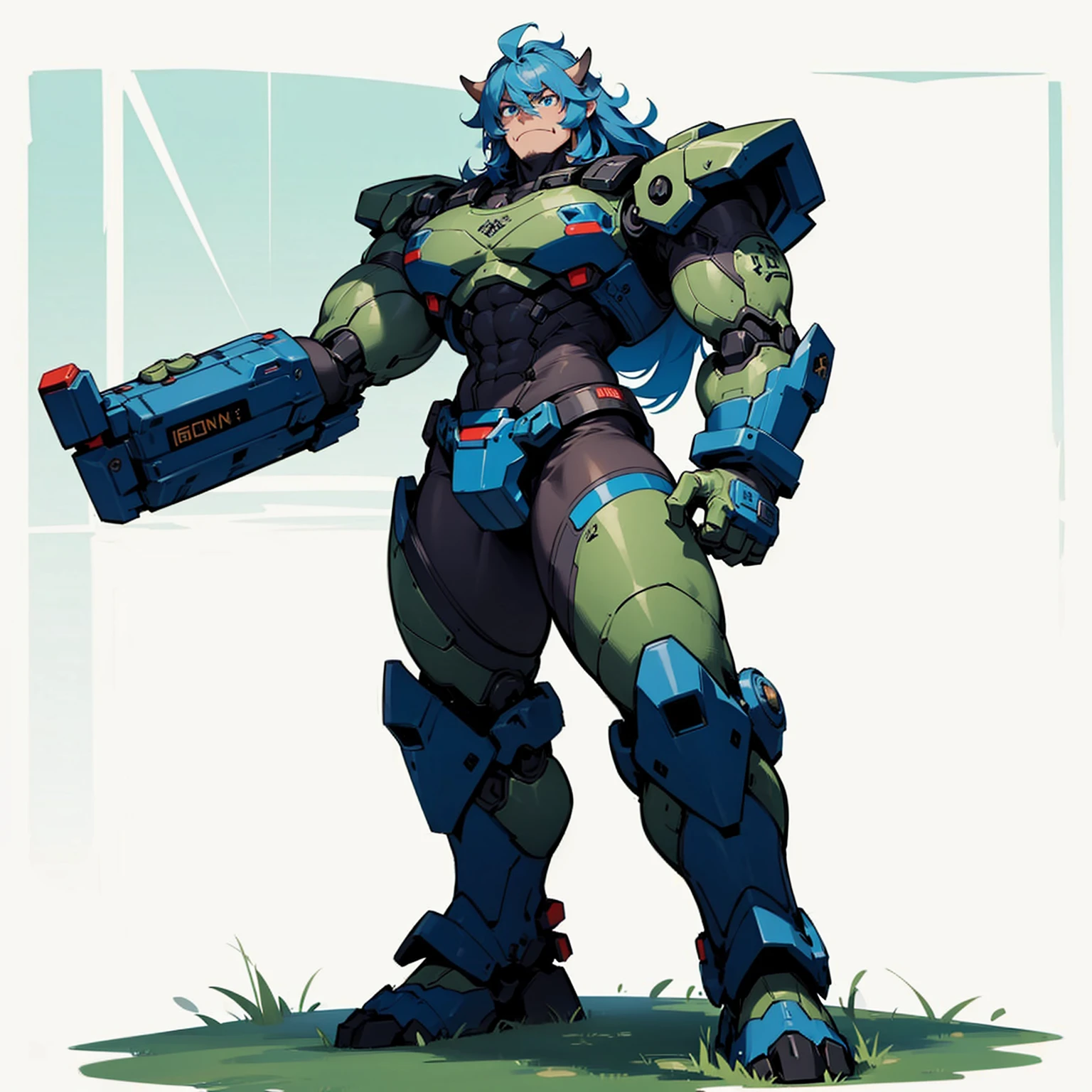 1character, Full body version, Evolution of professor mixed with big green orc, mixed with blue robotic, blue eyes color, big very muscle, long Shaggy hair, clothing robotics, Grassroots, Red streaks in his eyes, big weapon 