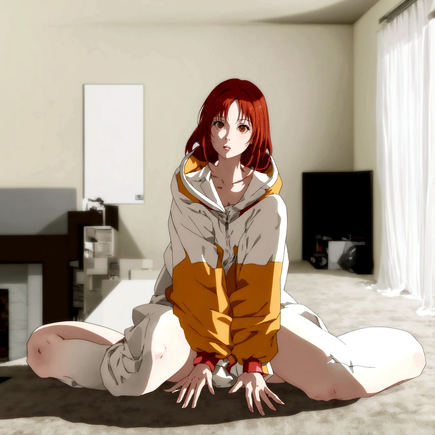 anime - style image of a woman sitting on the floor in a living room, the anime girl is crouching, realistic anime 3 d style, 3 d anime realistic, anime styled 3d, 3d anime girl, made with anime painter studio, 3 d anime, sayori, 3d anime, asuka suit under clothes!, pixiv 3dcg