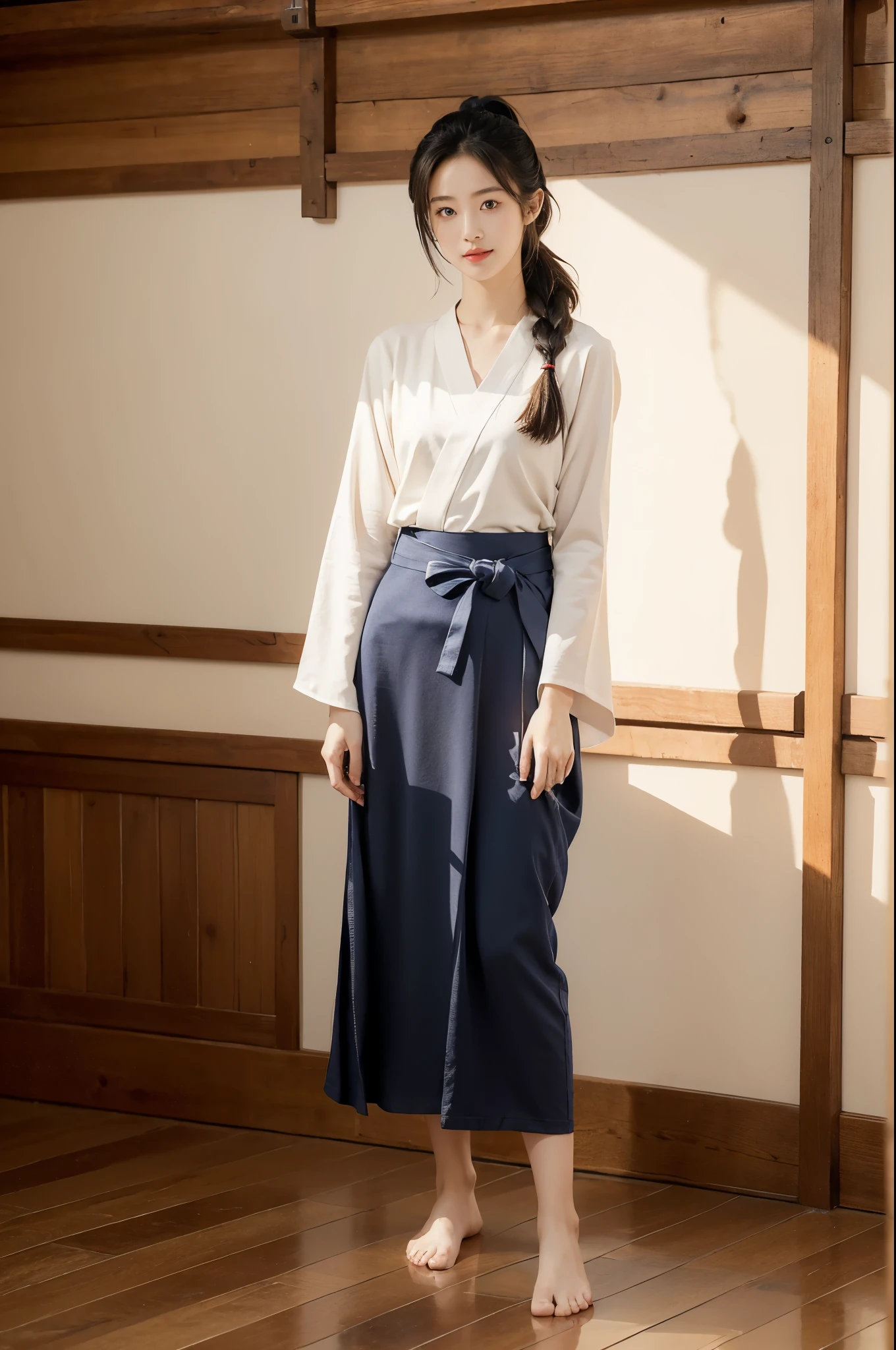 (((best quality))),(((ultra detailed))),(((masterpiece))),illustration,1girl,solo,short ponytail,slim,thin,small breasts,flat chest,white collar,white kendogi,three-quarter sleeves,maxi navy-blue kendo hakama,slender legs,standing in kendo gym,arms behind back,focused and determined expression,ready for challenge,slender and elegant face,confident and resilient,fair skin,blush,neat teeth,bright smile,clean and tidy uniform,wooden gym floor,wall,pine scent,standard grip,ready to slice through obstacles,strong belief,determination,spirit of resilience,admiring,from front,full body,bare feet