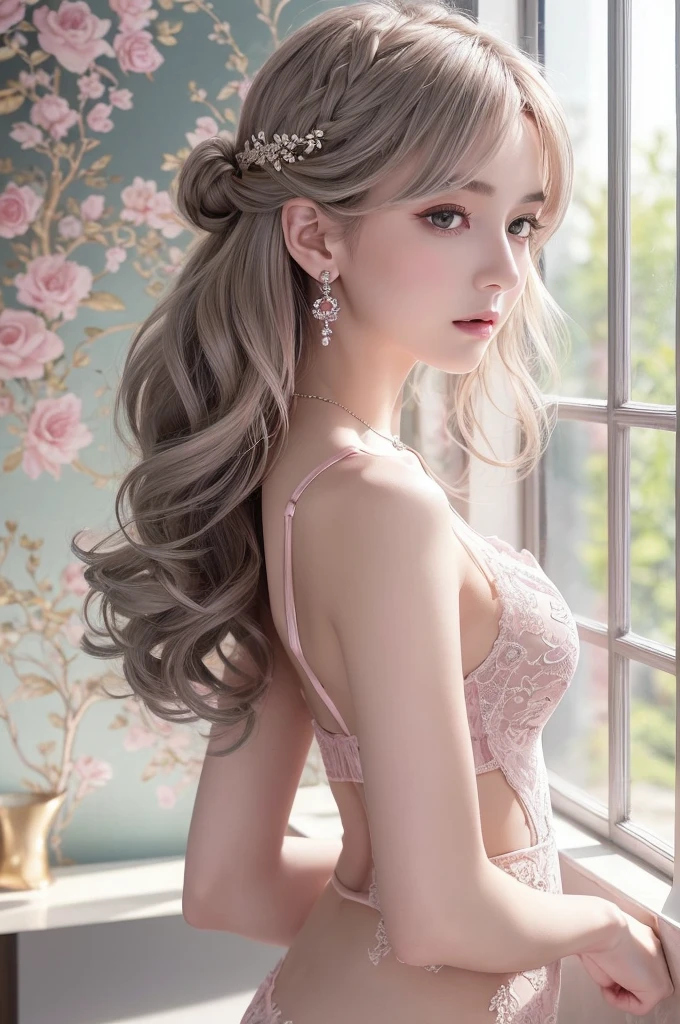 silver lace thong&Good, (((Very elegant and beautiful, Perfect detail, Super detailed))), whole body, The most detailed girl, Depth of written boundary, 美しく詳細なwhole body, Thin legs, 1 girl, 30 years old, Very short hair, Spiked Hair, Gray and silver hair, Beautiful detailed hair, Perfect Face, Expressionless, Beautifully detailed deep eyes, Open your mouth a little, Delicate arms and hands, Pale skin, Earrings, Beautiful and gorgeous necklace, Colorful background, HD background, Blurred Background, Very delicate and beautiful, Masterpiece, (((Highest quality, Very beautiful 8K CG wallpaper))), (((Trendy hairstyles))), (Inside the room,Stylish interior,window),