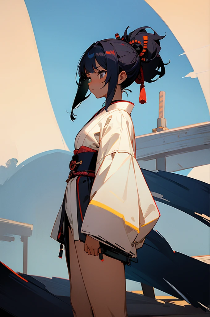 , Female, samurai Clothing, Standing pose, Town background, black skin color