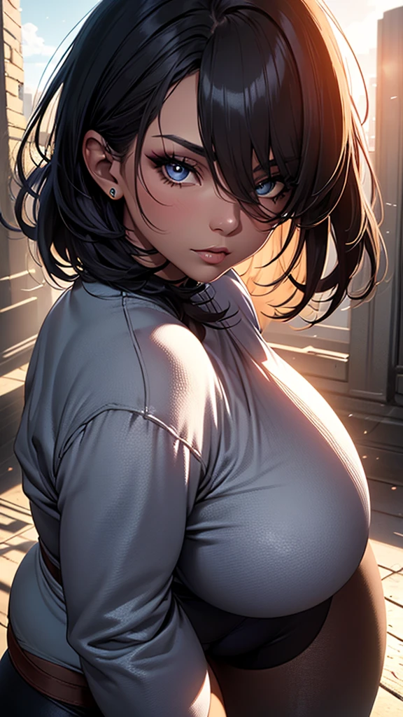 Realistic Anime style, cute, Tomboy girl, dark skinned, mid riff, strong body, strong abs, medium breasts, white shirt, jeans, smirk, sharp teeths, soaked shirt, brown nipples, (best quality,4k,highres,masterpiece), artistic style,subdued colors, vivid colors, professional lighting, detailed lips, detailed eyes.