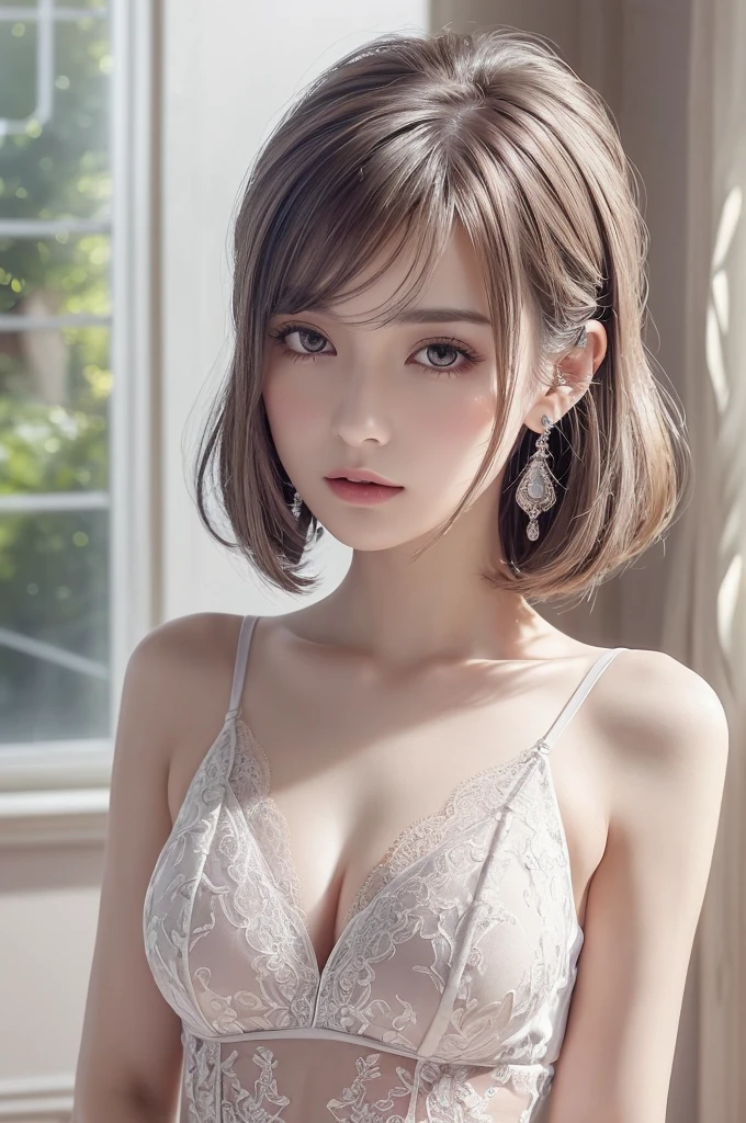 darkviolet lace thong&Good, (((Very elegant and beautiful, Perfect detail, Super detailed))), whole body, The most detailed girl, Depth of written boundary, 美しく詳細なwhole body, Thin legs, 1 girl, 30 years old, Very short hair, Spiked Hair, Gray and silver hair, Beautiful detailed hair, Perfect Face, Expressionless, Beautifully detailed deep eyes, Open your mouth a little, Delicate arms and hands, Pale skin, Earrings, Beautiful and gorgeous necklace, Colorful background, HD background, Blurred Background, Very delicate and beautiful, Masterpiece, (((Highest quality, Very beautiful 8K CG wallpaper))), (((Trendy hairstyles))), (Inside the room,Stylish interior,window),