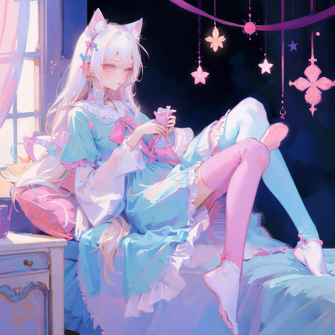 White hair,Cat's ears,Pink eyes,Light blue Lolita,White tights,pink bows,inside in room,kneeing on bed