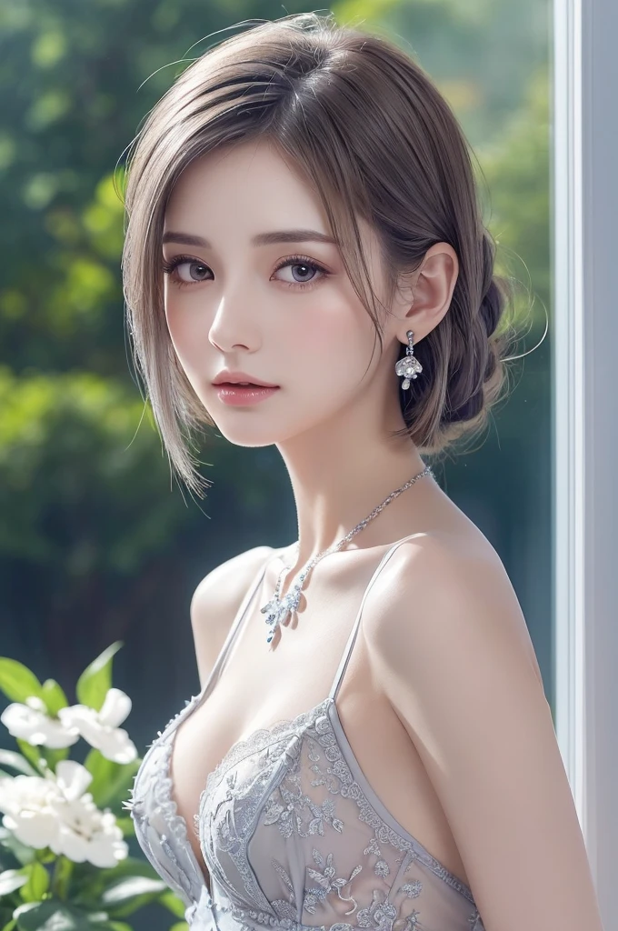 white lace thong bra, (((Very elegant and beautiful, Perfect detail, Super detailed))), whole body, The most detailed girl, Depth of written boundary, 美しく詳細なwhole body, Thin legs, 1 girl, 30 years old, Very short hair, Spiked Hair, Gray and silver hair, Beautiful detailed hair, Perfect Face, Expressionless, Beautifully detailed deep eyes, Open your mouth a little, Delicate arms and hands, Pale skin, Earrings, Beautiful and gorgeous necklace, Colorful background, HD background, Blurred Background, Very delicate and beautiful, Masterpiece, (((Highest quality, Very beautiful 8K CG wallpaper))), (((Trendy hairstyles))), (Inside the room,Stylish interior,window),