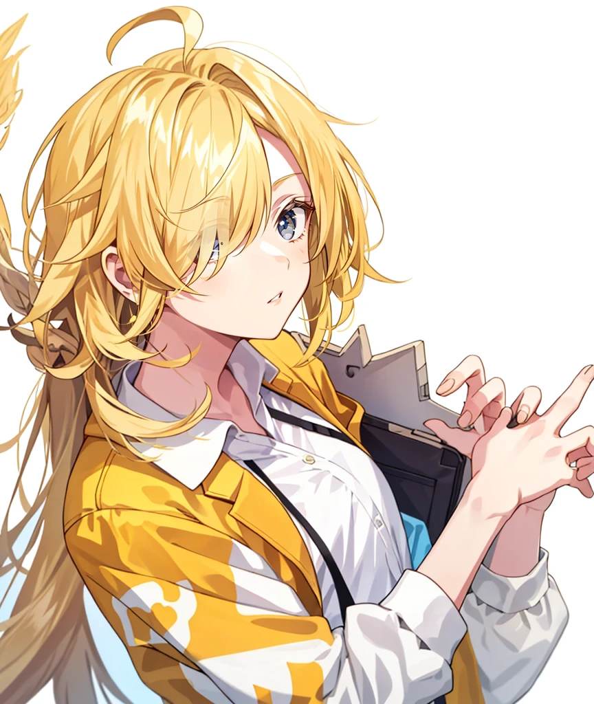 1 girl, 24 years old, hair over one eye, blonde hair, very long hair,