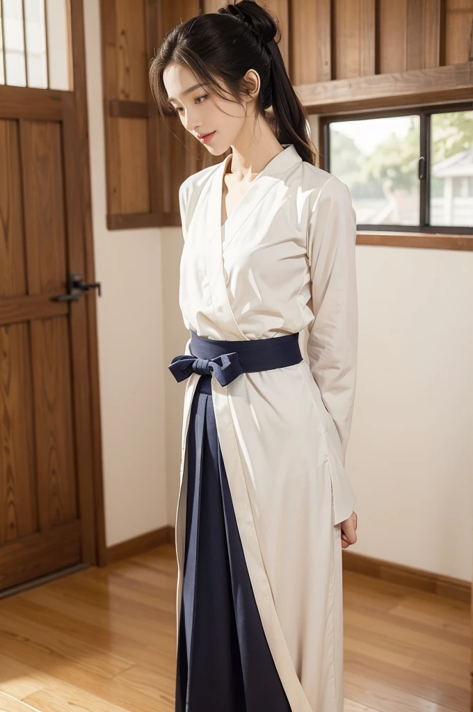 (((best quality))),(((ultra detailed))),(((masterpiece))),illustration,1girl,solo,short ponytail,slim,thin,small breasts,flat chest,white collar,white kendogi,three-quarter sleeves,maxi navy-blue kendo hakama,slender legs,standing in kendo gym,arms behind back,focused and determined expression,ready for challenge,slender and elegant face,confident and resilient,fair skin,blush,neat teeth,bright smile,clean and tidy uniform,wooden gym floor,wall,pine scent,standard grip,ready to slice through obstacles,strong belief,determination,spirit of resilience,admiring,from front,full body,bare feet