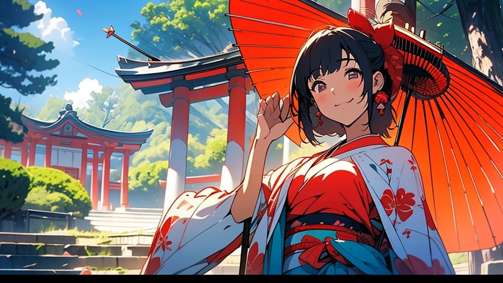 A quiet Japanese shrine maiden holding a bow and arrow smiling at the camera in front of the temple,Anime style