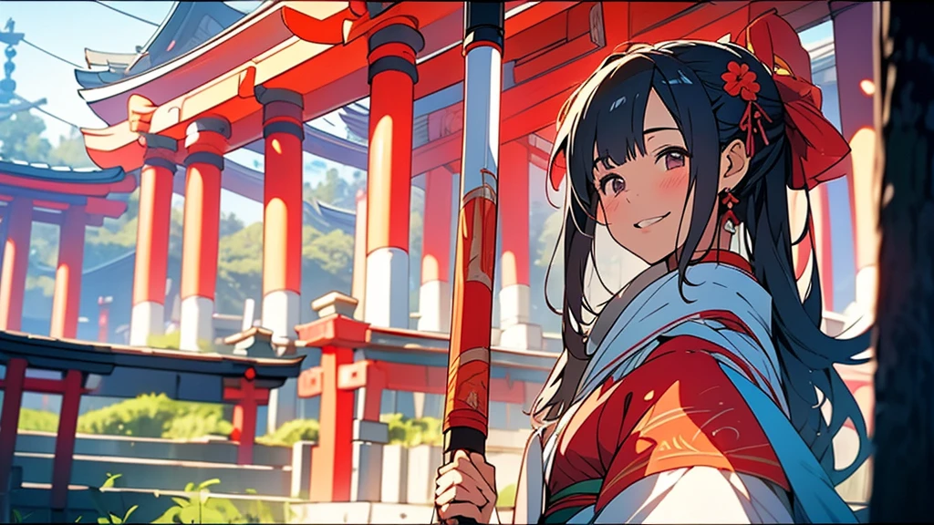 A quiet Japanese shrine maiden holding a bow and arrow smiling at the camera in front of the temple,Anime style