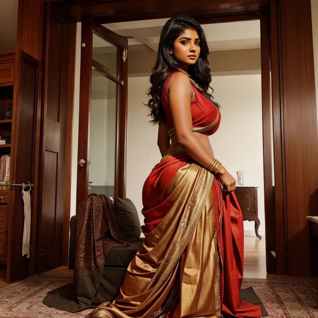 A beautiful Indian girl of age 23 wearing a saree of red color which shines and is of perfect fit which makes her curves look. She posing to show her back and figure while facing the camera 