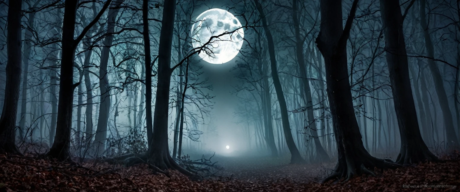 Create a dark, dense nighttime forest scene filled with thick, swirling fog. Trees should be tall and close together, with branches that arch and extend outward. The atmosphere should be eerie and mysterious, with little light filtering through the dense canopy. smoky, imitative, dark, mystical, ghostly, full moon light, spooky. (8K, high detail, contrast, clear, focused, sharp)