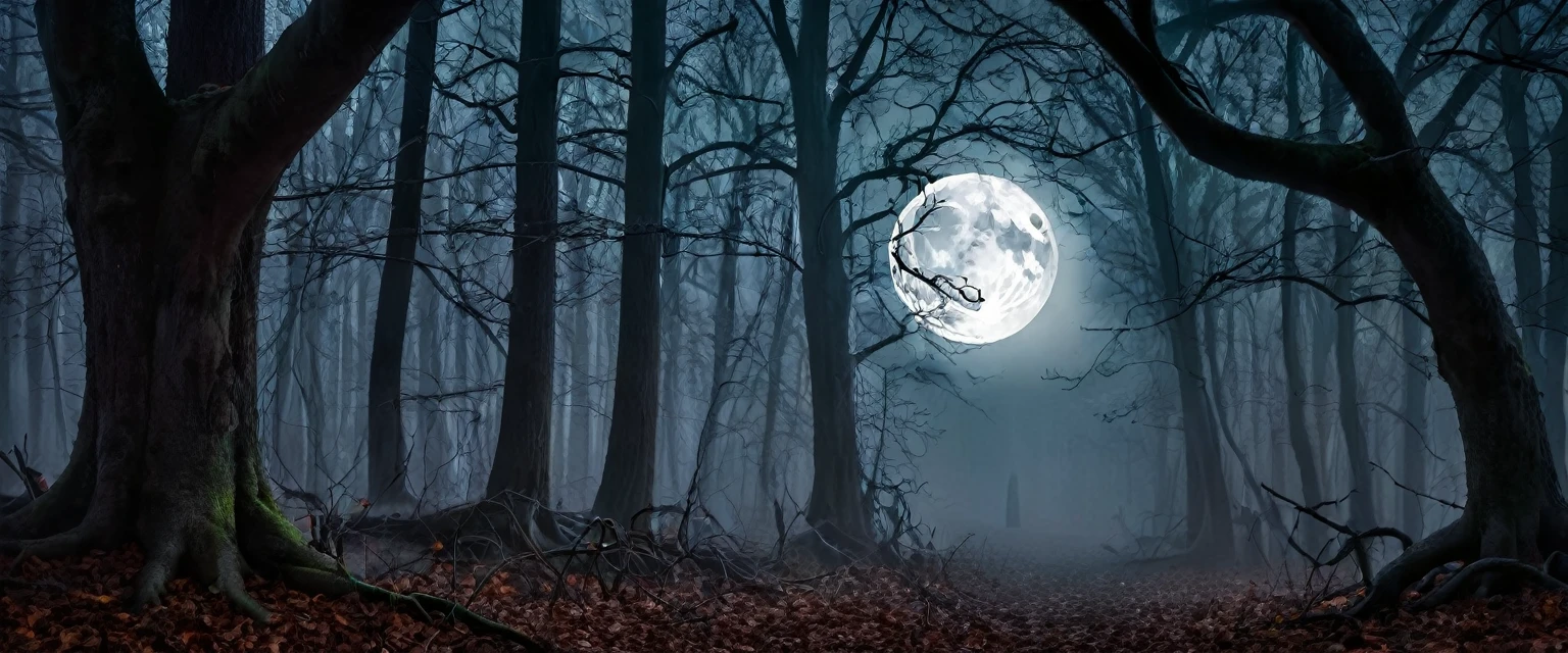 Create a dark, dense nighttime forest scene filled with thick, swirling fog. Trees should be tall and close together, with branches that arch and extend outward. The atmosphere should be eerie and mysterious, with little light filtering through the dense canopy. smoky, imitative, dark, mystical, ghostly, full moon light, spooky. (8K, high detail, contrast, clear, focused, sharp)