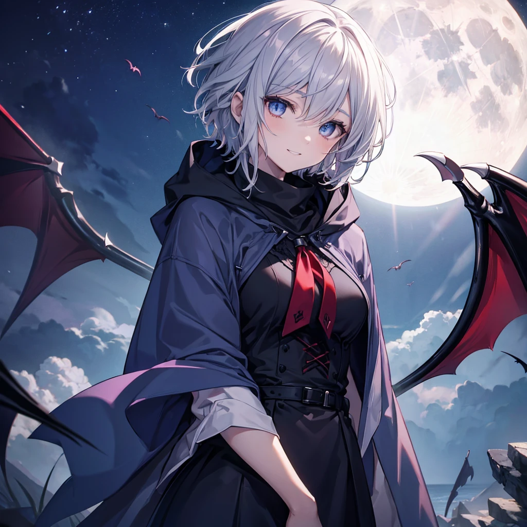 ((((vampire　Inflammation))))　(((Gray Hair　short hair　blue eyes　woman　Center close-up)))，((night　full moon　My own big wings))，(Wearing a hood　Black camisole　Purple light　Wearing a cloak)，　Creepy Smile　Showing teeth　Shining Background　Shining Edges