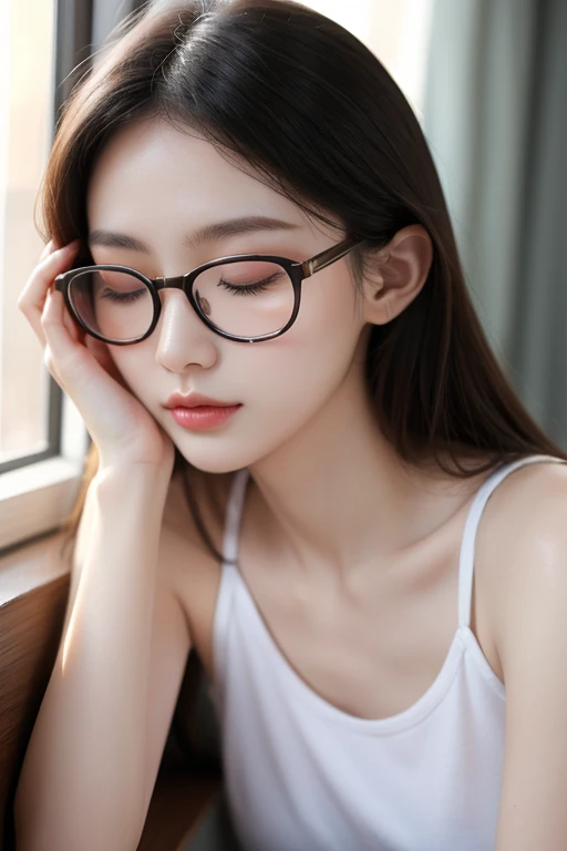 Highest quality、masterpiece、High sensitivity、High resolution、Detailed Description、Slender women、Slim Body、Glasses、Eyes closed、Let&#39;s kiss、Our lips are just a few centimetres away、