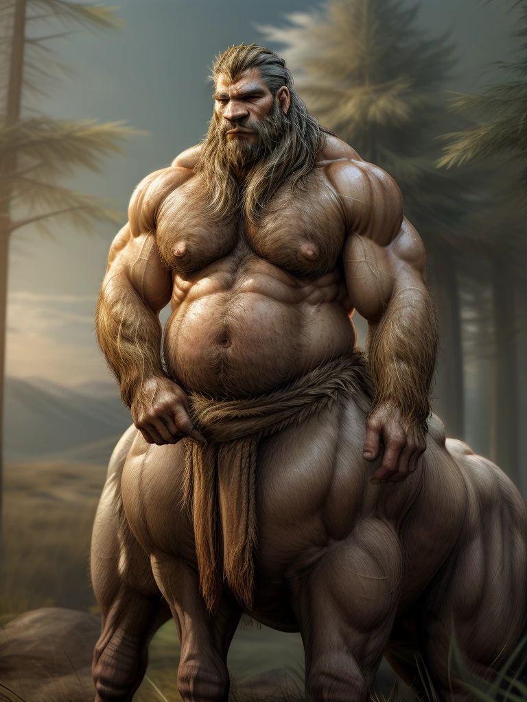 large muscular man standing on large animal as he sits around eating something, 1boy, male focus, solo, taur, fat, beard, fat man, facial hair, grass, uncensored, testicles