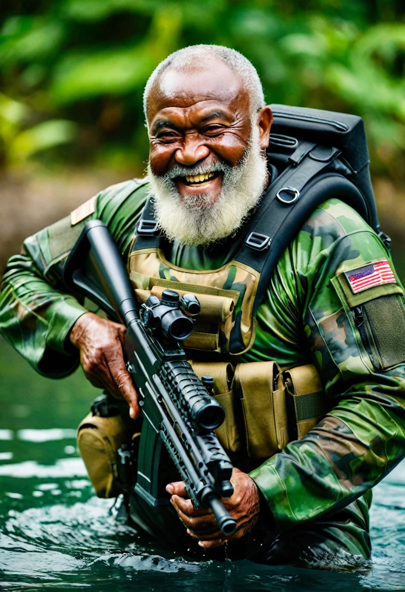 (a dark-skinned bearded fat muscular elderly old man in a bulky army camouflage zipper diver suit), shooting with sniper rifle, muscular, Bruce Onobrakpeya, sumatraism, stanley artgermm, action, heroic, fierce, grin