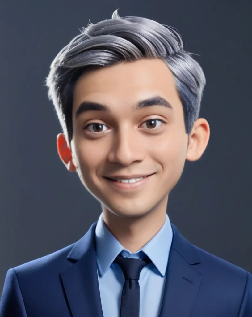 3d cartoon style, 20 years old man, short gray hair, little hair, in a dark blue suit and light blue shirt, no tie, smiling at the camera, foto perfil, commercial shot., face is brightly lit