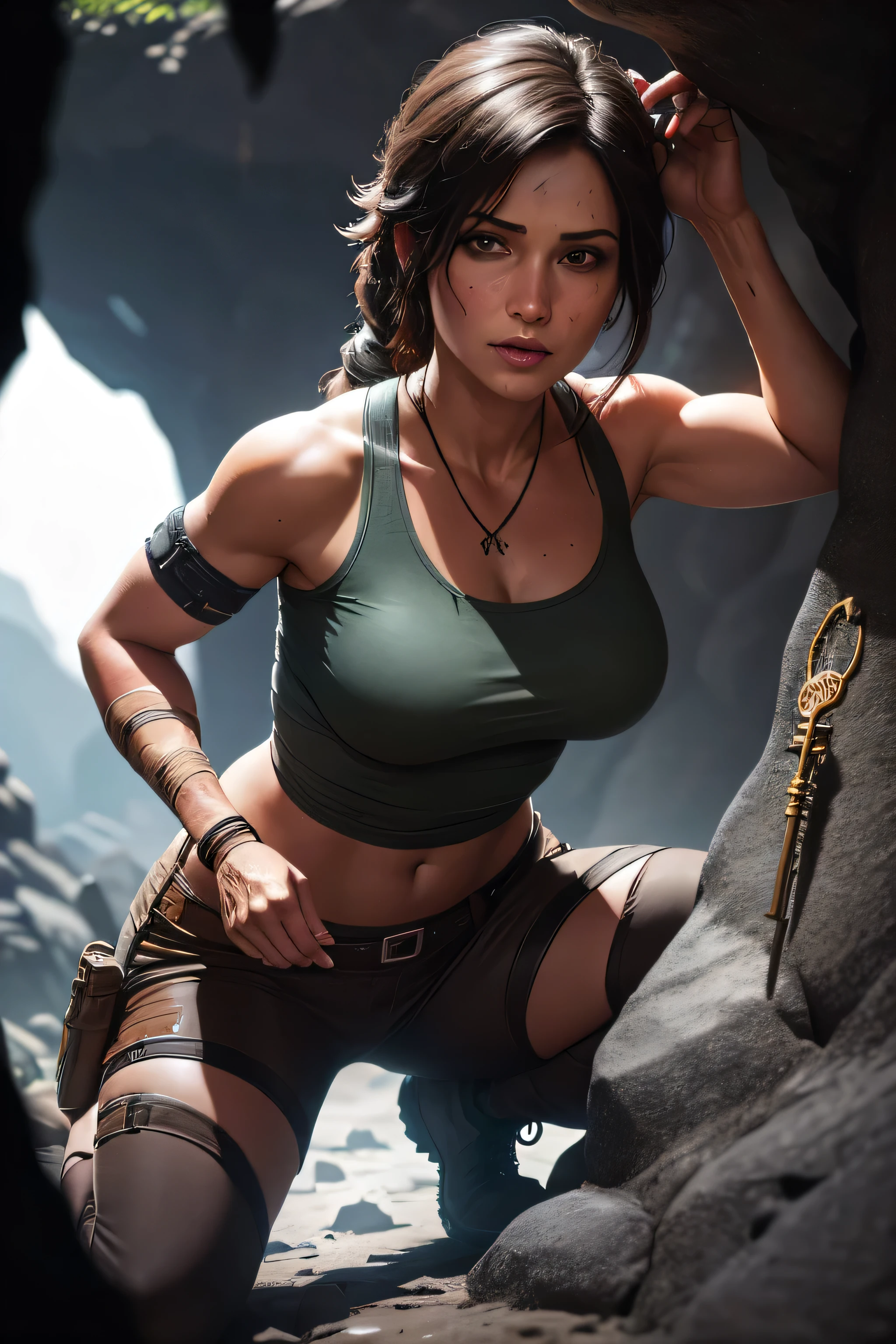 Create a realistic image of Lara Croft discovering an golden key while standing on the top of a view point in an underground cave. Lara is wearing her classic Tomb Raider outfit: a light blue tank top, cargo shorts, sturdy boots. She is illuminated by the light from her torch, which casts flickering shadows on the cave walls. The cave is filled with intricate carvings, ancient symbols, and stalactites hanging from the ceiling. Lara is kneeling or bending down, opening a door with a golden key. The artifact is a detailed, mysterious object from one of the Tomb Raider games, such as the Scion from the original game. perfect face, ultra detailed face, perfect brown eyes, beautiful face, perfect anatomy. Additional Details: Background: Underground cave with intricate carvings, ancient symbols, stalactites, and shadows cast by the torchlight. Artifact: Detailed, mysterious object from one of the Tomb Raider games (e.g., Scion, Dagger of Xian). Lighting: it's dark, night time, Flickering torchlight illuminating the scene, creating dramatic shadows and a sense of mystery. (8k, RAW photo, best quality, masterpiece:1.2),ultra-detailed, (high detailed skin:1.2), 8k uhd, dslr, soft lighting, high quality
