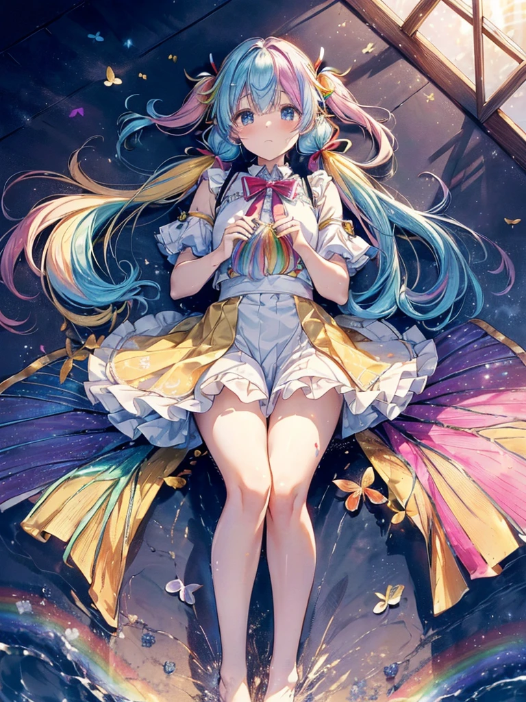 Golden Light、rainbow、heaven、Angelic (Rainbow Hair:1.4),((Long twin tails,Ribbon 1.4)),(Blue Butterfly hair ornament),、god々、god聖な光(Tabletop:1.3), (8K, Realistic, RAW Photos, Highest quality: 1.4), Angelic, Intricate details,Golden Ratio, Blue Butterfly、Sky Sky