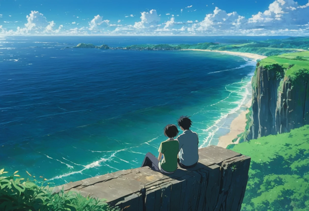 Couple sitting on a cliff looking out to sea, sakimichan and makoto shinkai, yusuke murata and makoto shinkai, makoto shinkai. —h 2160, Ross Tran and Makoto Shinkai, Guweiz and Makoto Shinkai, makoto shinkai and (Cain Kuga)
