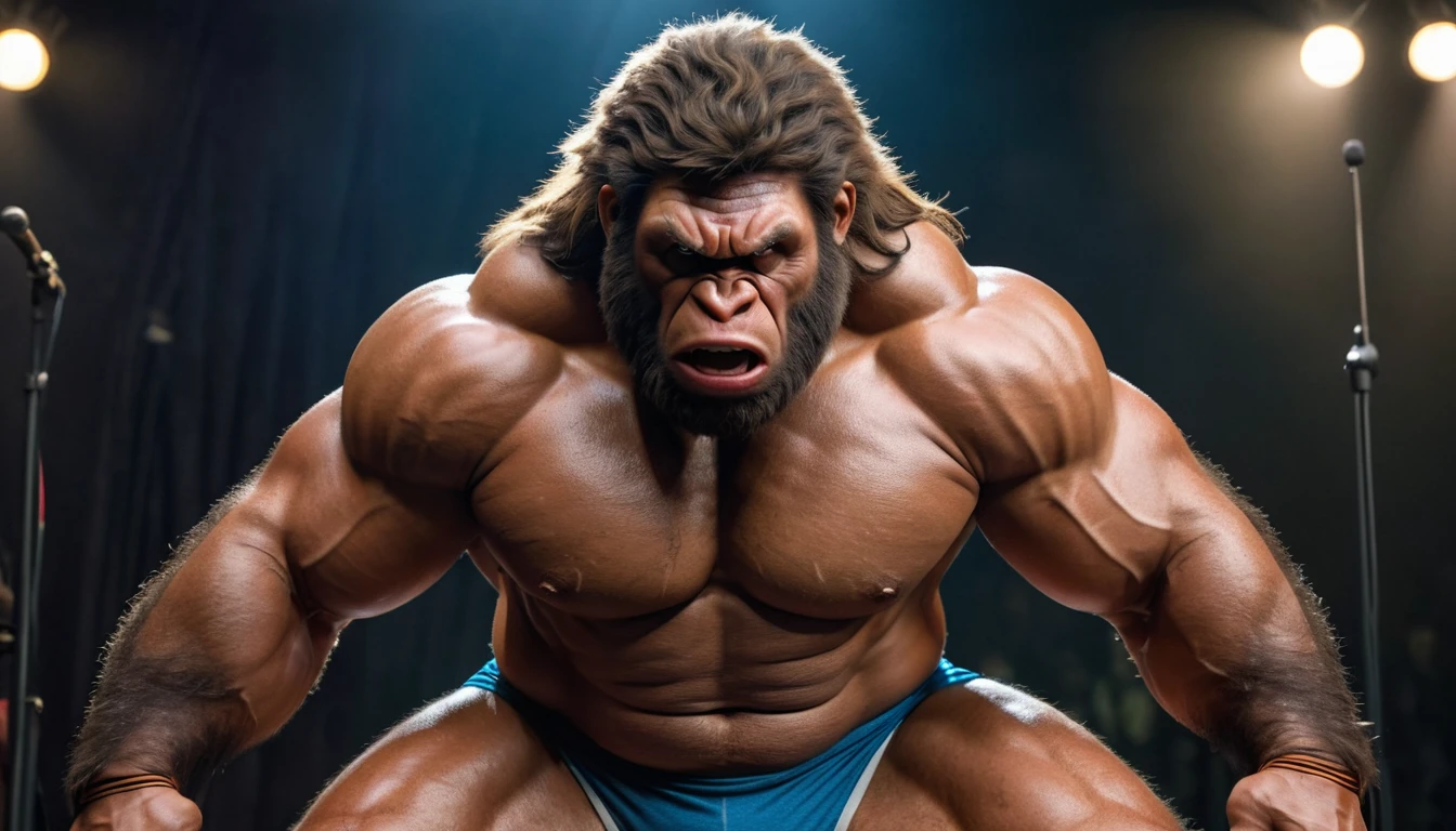 (RAW photo of a Neanderthals:1) , (hyper realistic:1.4), (Neanderthal man:1.4),bodybuilder transformation,(half gorilla mix :1), tall, bulky,hulk body, chubby belly, (very muscular:2), (hairy body:1.5),(detail face:1.1), tan skin, thick arms, (veiny arms:1.1), (bloated gut:1.5),(wearing underwear:1.1), thick legs, rounded pecs, (big arms:1.1), veiny arms, dark brown skin, ( on a stage:1.1) ,angry, hdr, photorealistic masterpiece, cinematic, best quality, sharp focus,
