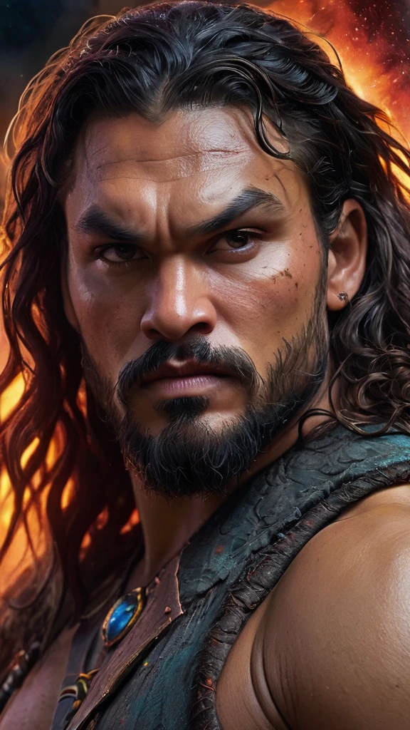 close-up, facial portrait, Jason Momoa as Conan the Barbarian, extremely colorful, multicolored lightning, outer space, planets, stars, galaxies, fire, explosions, smoke, volcanic lava, craggy mountain peaks in the background, professional quality, studio grade, highly detailed, 32k UHD, 1080p, hyper realistic, photorealistic, realistic, lifelike, 1200ppi, 2000dpi, highly detailed, extremely sharp, vibrant, colorful, well lit, cinematic, full field of depth, professional quality, professional quality, Hyper detail, sharp, vibrant, extremely colorful, lively,