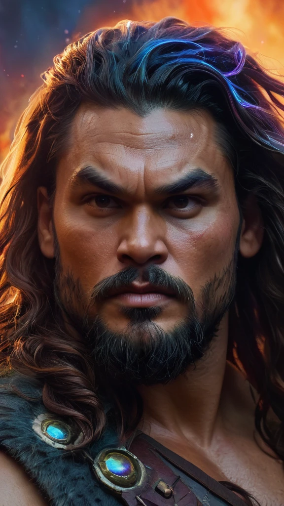 close-up, facial portrait, Jason Momoa as Conan the Barbarian, extremely colorful, multicolored lightning, outer space, planets, stars, galaxies, fire, explosions, smoke, volcanic lava, craggy mountain peaks in the background, professional quality, studio grade, highly detailed, 32k UHD, 1080p, hyper realistic, photorealistic, realistic, lifelike, 1200ppi, 2000dpi, highly detailed, extremely sharp, vibrant, colorful, well lit, cinematic, full field of depth, professional quality, professional quality, Hyper detail, sharp, vibrant, extremely colorful, lively,